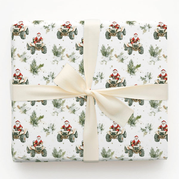 Off-Road Quad Christmas Gift Wrap, Santa Riding ATV Wrapping Paper, Winter Foliage Santa Wrapping Paper, Rustic Holiday Gift 