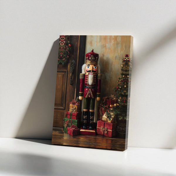 Vintage Soldier and Holiday Tree Canvas Print, Christmas Nutcracker Wall Art, Festive Stretched Canvas Decor, Christmas Prese
