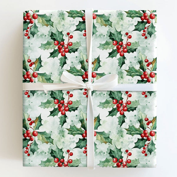 Botanical Christmas Gift Wrap, Watercolor Holly Berries Wrapping Paper, Vintage Holiday Leaves Wrapping Paper, Elegant Winter