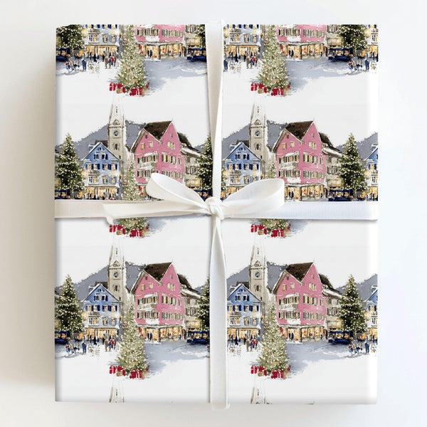 Snowy Town Holiday Gift Wrap, Watercolor European Christmas Village Wrapping Paper, Festive Winter Present Wrap, Christmas Tr