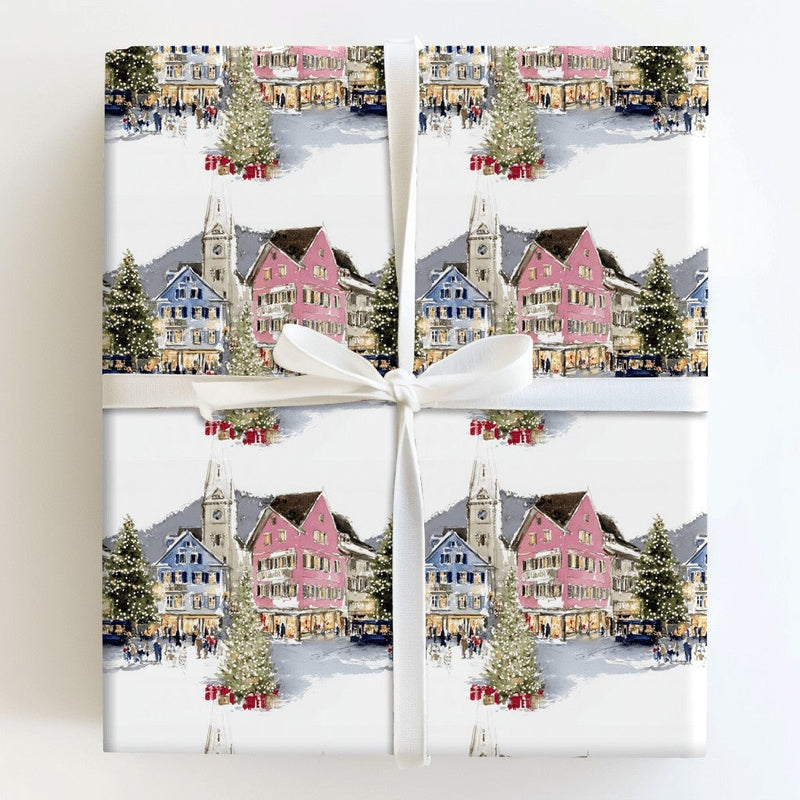 Snowy Town Holiday Gift Wrap, Watercolor European Christmas Village Wrapping Paper, Festive Winter Present Wrap, Christmas Tree Paper Roll