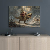 Dinosaur Christmas Canvas Wall Art, Santa Riding T-Rex Canvas Print, Humorous Holiday Canvas, Whimsical Xmas Decor, Novelty Dino Fan Present