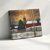 Snowy Red Church Winter Print, Christmas Village Canvas Wall Art, Festive Holiday Digital Download, Seasonal Wall Art Decor Present