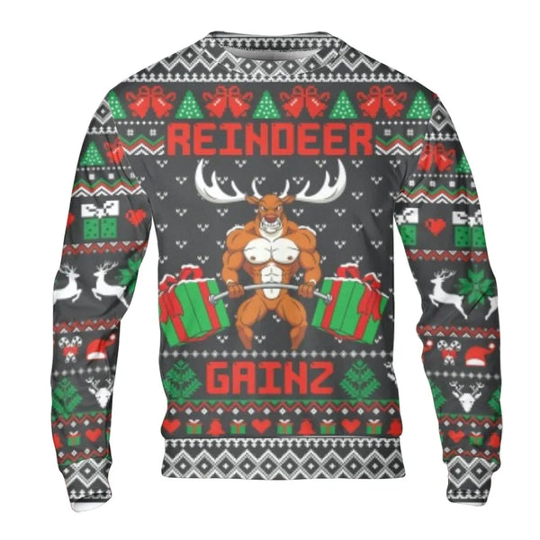 Weightlifting Ugly Sweater, Buff Reindeer Christmas Sweatshirt, Humorous Fitness Holiday Sweatshirt, Bodybuilder Xmas Pullove