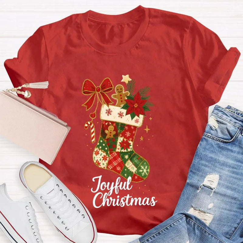 Retro Festive Pattern Tee, Christmas Bows and Holiday Socks Shirt, Adorable Christmas Graphic T-Shirt, Comfy Winter Holiday Present
