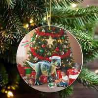 Boy and Dog Dino Tree Ornament, Dinosaur Eating Pizza Christmas Ornament, Adorable 2024 Holiday Ornament, Kids Ceramic Ornament, Dino Lover Present