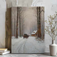 Horse Drawn Carriage Snowy Cabin Scene, Winter Forest Canvas Art, Rustic Christmas Landscape Wall Decor, Holiday Present