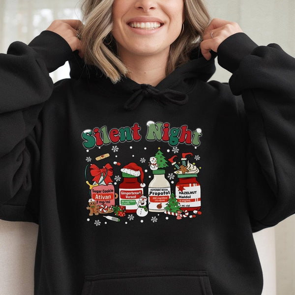 Humorous Medical Christmas Medicine Hooded Sweatshirt, Silent Night Nurse Hoodie, ICU Nurse Holiday Hoodie, Healthcare Winter