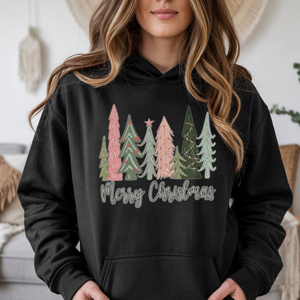 Boho Aesthetic Holiday Tree Sweatshirt, Merry Christmas Tree Hoodie, Comfy Winter Xmas Pullover, Festive Christmas Hooded Swe