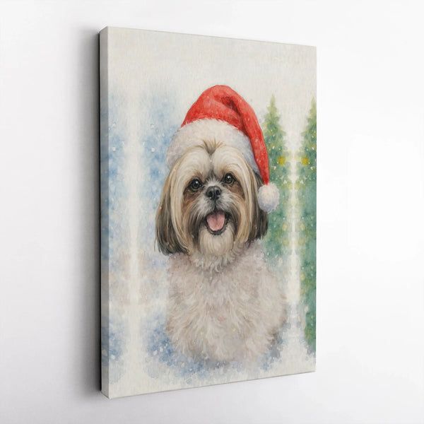 Watercolor Dog in Santa Hat Canvas Print, Shih Tzu Christmas Canvas Wall Art, Holiday Puppy Canvas, Festive Dog Lover Present