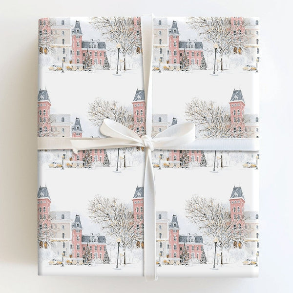 Vintage Christmas Village Gift Wrap, Snowy Winter Town Wrapping Paper, Yellow Car Holiday Wrapping Paper, Festive Winter Wrap