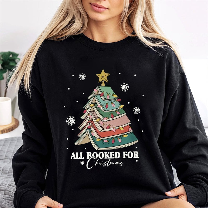 Book Tree Holiday Sweatshirt, All Booked for Christmas Sweatshirt, Adorable Bookish Xmas Crewneck, Librarian Pullover, Book Lover Sweatshirt