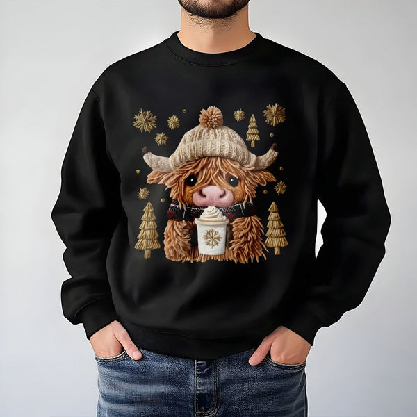 Winter Cow Coffee Sweatshirt, Highland Cow Christmas Sweatshirt, Festive Animal Holiday Sweatshirt, Xmas Cow Lover Crewneck, 