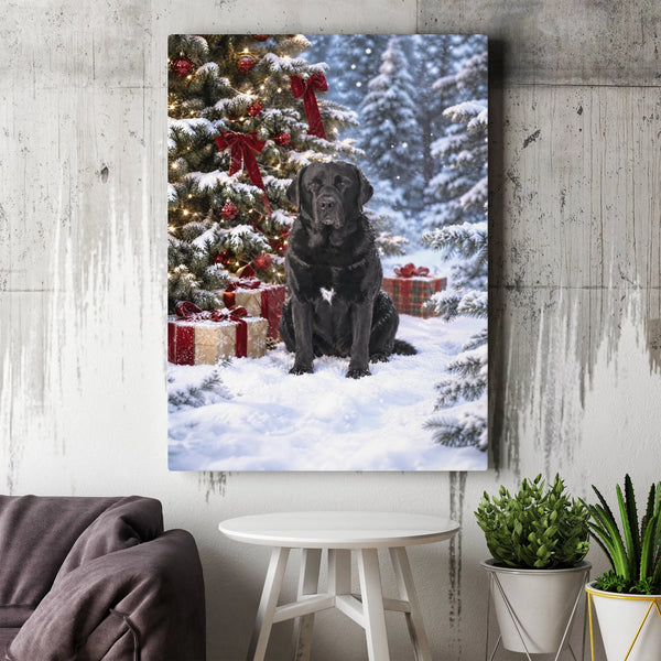 Snowy Christmas Tree Dog Wall Art, Black Labrador Christmas Canvas, Holiday Labrador Canvas Print, Winter Dog Lover Wall Deco