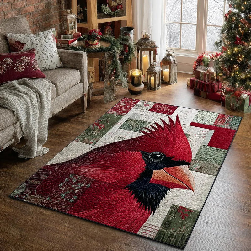 Patchwork Red Bird Area Rug, Solitary Cardinal Area Rug, Winter Wildlife Floor Mat, Washable Living Room Rug, Christmas Home Decor Present