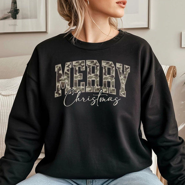 Varsity Lettering Camo Crewneck, Merry Christmas Camo Sweatshirt, Hunting Xmas Camo Sweatshirt, Festive Outdoor Holiday Sweat