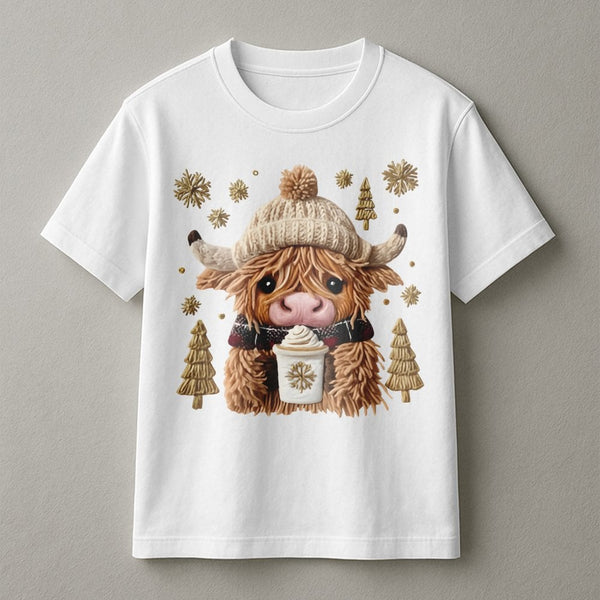 Adorable Winter Holiday Graphic Tee, Christmas Highland Cow Coffee T-Shirt, Festive Farmhouse Cow Shirt, Comfy Xmas Aesthetic