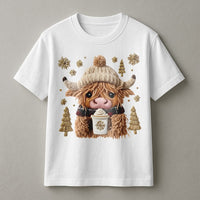 Adorable Winter Holiday Graphic Tee, Christmas Highland Cow Coffee T-Shirt, Festive Farmhouse Cow Shirt, Comfy Xmas Aesthetic Graphic T-Shirt