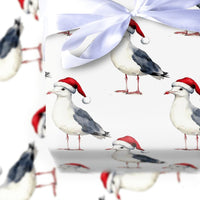Coastal Christmas Gift Wrap, Santa Hat Seagull Wrapping Paper, Watercolor Beach Bird Present Paper, Nautical Holiday Gift Wrapping Paper