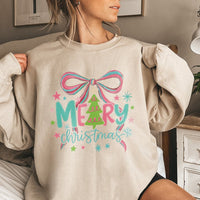 Pastel Pink Tree Holiday Crewneck, Coquette Christmas Tree Bow Sweatshirt, Preppy Coquette Xmas Sweater, Adorable Winter Holiday Pullover