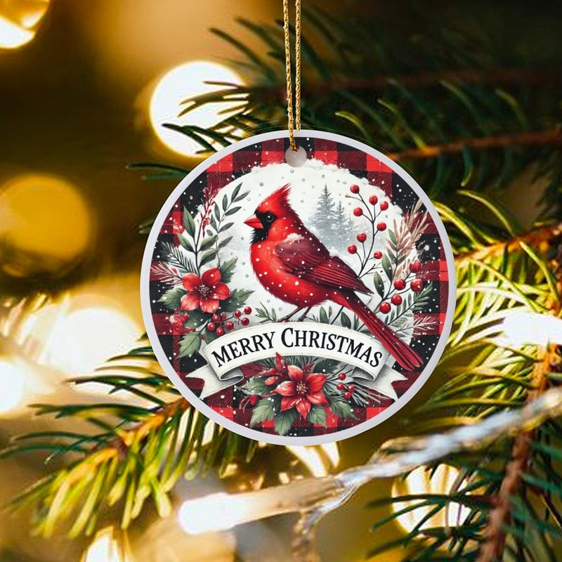 Bird Lover Ceramic Ornament, Red Cardinal Buffalo Plaid Christmas Ornament, Winter Wildlife Keepsake Ornament, Holiday Tree Decor Present
