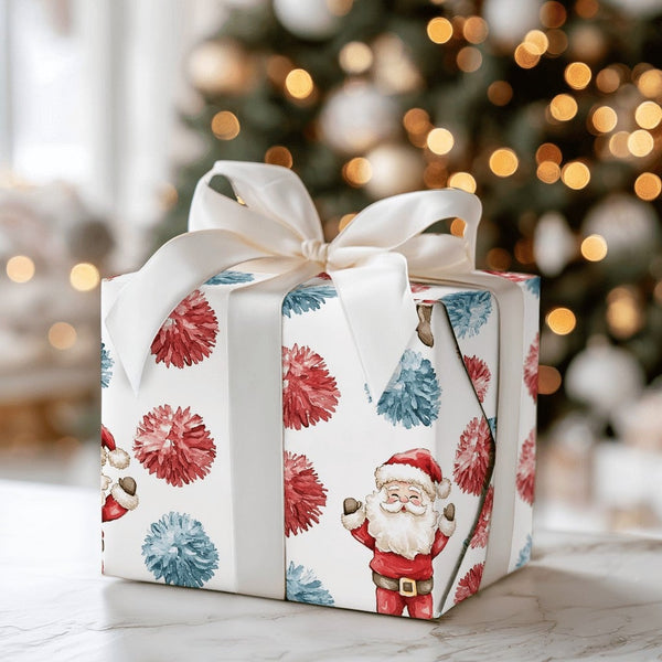 Pom-Poms Holiday Gift Wrap, Cheering Santa Claus Wrapping Paper, Adorable Santa Christmas Wrapping Paper, Festive Xmas Gift W