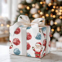 Pom-Poms Holiday Gift Wrap, Cheering Santa Claus Wrapping Paper, Adorable Santa Christmas Wrapping Paper, Festive Xmas Gift Wrap Roll for Kids