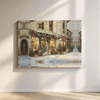 Snowy Storefront Holiday Wall Art, European Christmas Village Canvas, Vintage Winter Town Canvas Print, Comfy Xmas Street Scene Canvas Art