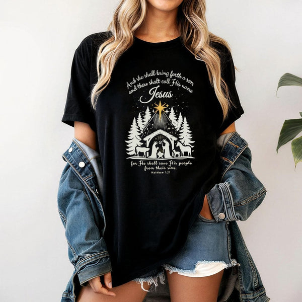 Matthew 1:21 Bible Verse Shirt, Nativity Scene T-Shirt, Christian Christmas Graphic Tee, Religious Faith Crewneck T-Shirt, Ho