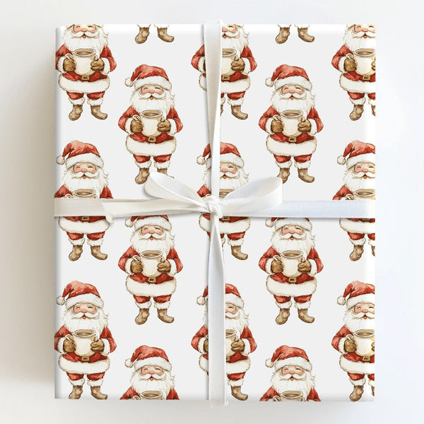 Watercolor Santa Claus Gift Wrap, Coffee Santa Christmas Wrapping Paper, Holiday Coffee Lover Wrapping Paper Roll, Festive Xm