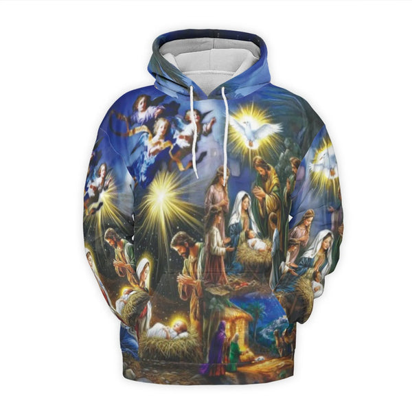 Religious Christmas Art Hoodie, Nativity Scene Hoodie, Christian Holy Night Sweatshirt, Faithful Holiday Pullover Hoodie, Fai