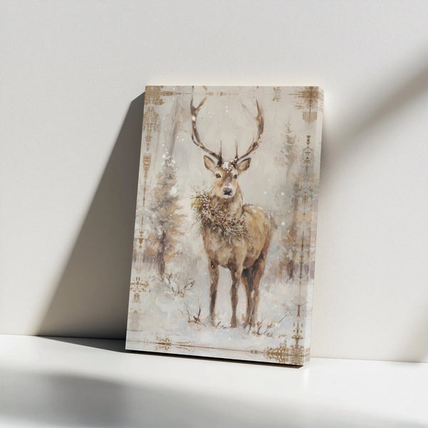 Snowy Forest Stag Wall Art, Rustic Winter Deer Digital Download, Holly Wreath Canvas Print, Farmhouse Holiday Christmas Print