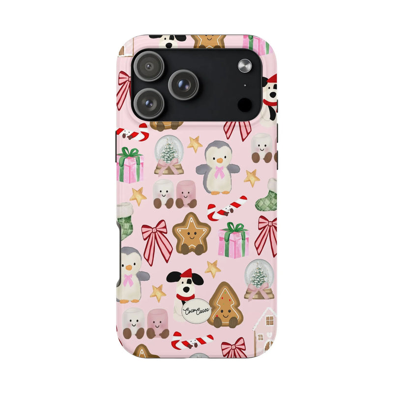 Kawaii Gingerbread Penguin Phone Case, Pink Christmas iPhone Case, Candy Cane iPhone Tough Case, Adorable Pastel Holiday Present Cover