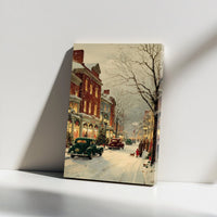 Snowy Street Canvas Print, Vintage Christmas Town Canvas Wall Art, Classic Car Winter Canvas, Holiday Season Wall Decor, Festive Home Present