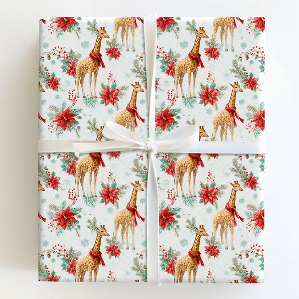 Watercolor Winter Animal Gift Wrap, Christmas Giraffe Wrapping Paper, Poinsettia Holiday Present Paper, Festive Xmas Wrap Rol