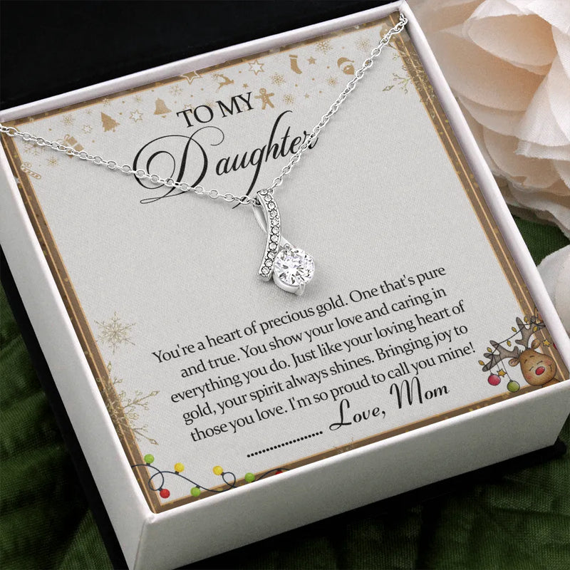 14k White Gold CZ Ribbon Pendant Necklace, To My Daughter Ribbon Necklace, Mom to Daughter Necklace, Christmas Birthday Jewelry Present