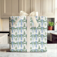 Watercolor Blue Bows Green Garland Gift Wrap, Christmas Wrapping Paper, Elegant Holiday Present Paper, Festive Christmas Wrapping Paper Roll