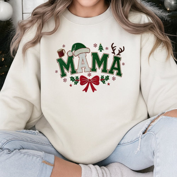 Santa Hat Red Bow Mother Holiday Crewneck, Christmas Mama Sweatshirt, Adorable Merry Mama Xmas Pullover, Comfy Holiday Presen