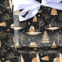 Forest Tree Holiday Gift Wrap, Golden Winter Cabin Wrapping Paper, Rustic Christmas Night Present Wrap, Dark Aesthetic Gift Wrapping Paper