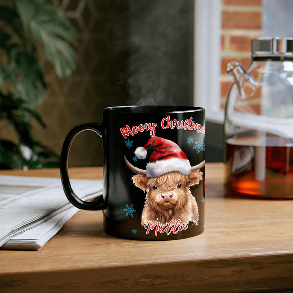 Watercolor Cow in Santa Hat Coffee Mug, Personalized Highland Cow Christmas Mug, Custom Name Holiday Ceramic Mug, Xmas Coffee