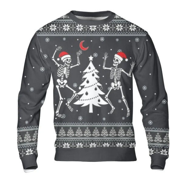 Spooky Xmas Ugly Holiday Sweater, Dancing Skeleton Christmas Sweatshirt, Gothic Winter Crewneck Sweatshirt, Humorous Creepy A