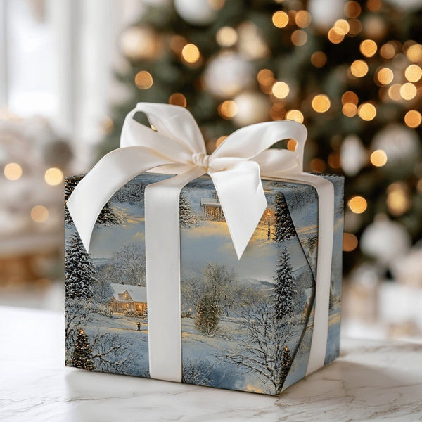 Snowy Landscape Christmas Gift Wrap, Winter Cottage Wrapping Paper, Comfy Cabin Holiday Wrapping Paper, Traditional Noel Wrap