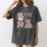Aesthetic Santa Claus Graphic Tee, Coquette Pink Bow Christmas T-Shirt, Adorable Vintage Holiday Girly Shirt, Festive Xmas Graphic T-Shirt