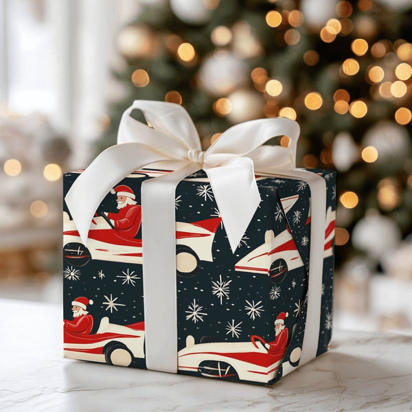 Vintage Car Holiday Wrapping Paper, Retro Race Car Santa Wrapping Paper, Christmas Racing Gift Wrapping Paper, Festive Motors