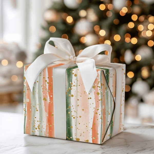 Coral and Green Holiday Gift Wrap, Watercolor Stripe Wrapping Paper, Modern Abstract Wrapping Paper, Artistic Christmas Wrapp