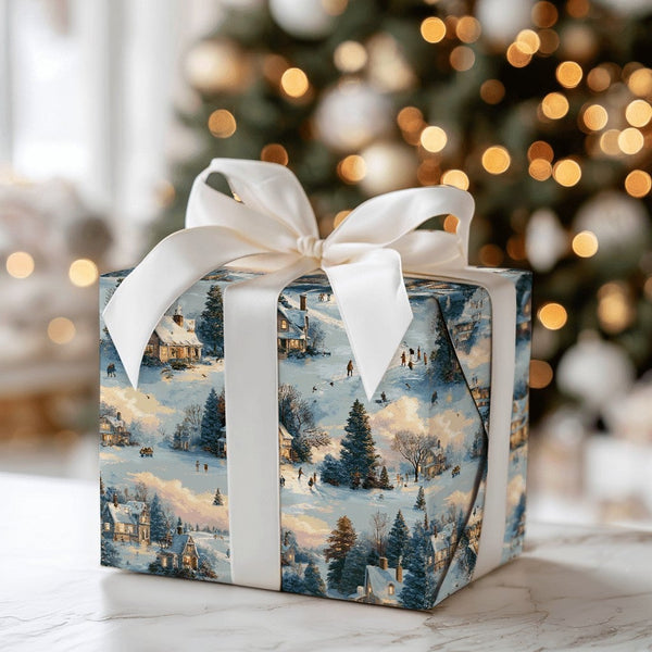 Snowy Christmas Wrapping Paper, Winter Village Wrapping Paper, Comfy Winter Town Gift Wrap, Nostalgic Holiday Wrapping Paper 