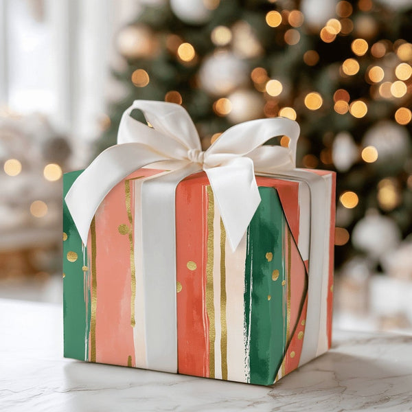 Red Green Gold Confetti Gift Wrap, Painterly Stripe Christmas Wrapping Paper, Modern Holiday Wrapping Paper, Artistic Xmas Gi