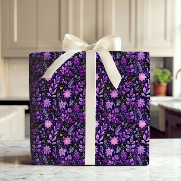 Celestial Floral Wrapping Paper, Purple Poinsettia Wrapping Paper, Dark Botanical Wrapping Paper, Elegant Christmas Gift Wrap