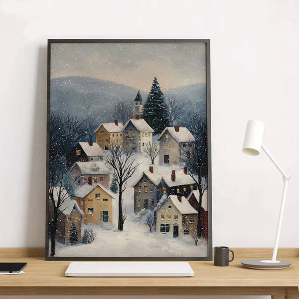 Comfy Snowy Town Painting Print, Winter Village Wall Art Poster, Rustic Christmas Holiday Poster, Seasonal Living Room Wall D