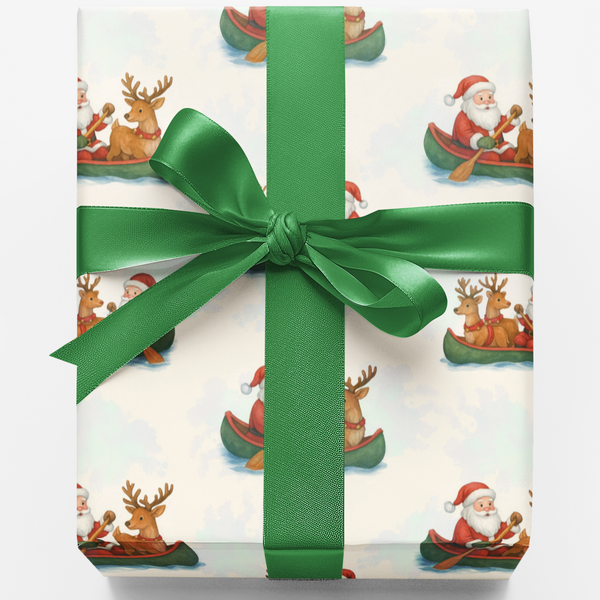 Christmas Holiday Gift Wrap, Santa and Reindeer Canoeing Wrapping Paper, Festive Outdoor Santa Wrapping Paper Roll, Xmas Pres